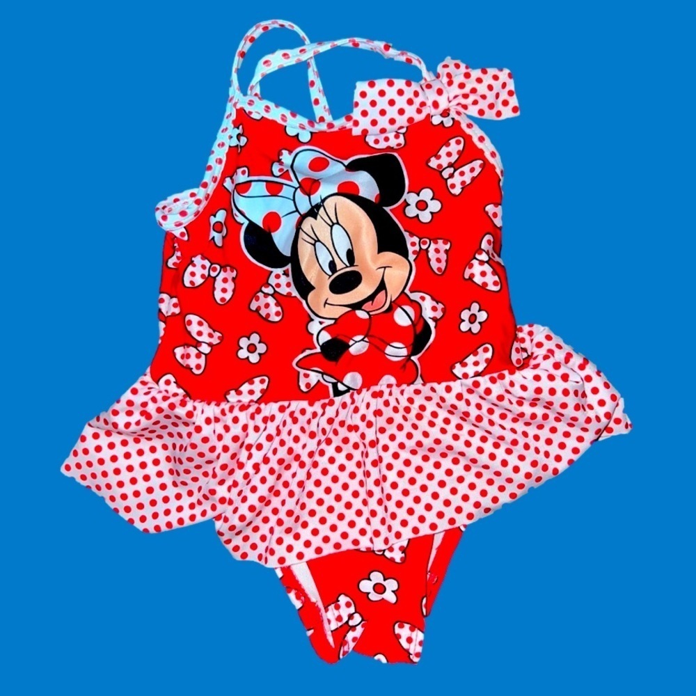 Little girl’s Disney one piece bathing suit featuring Minnie Mouse.